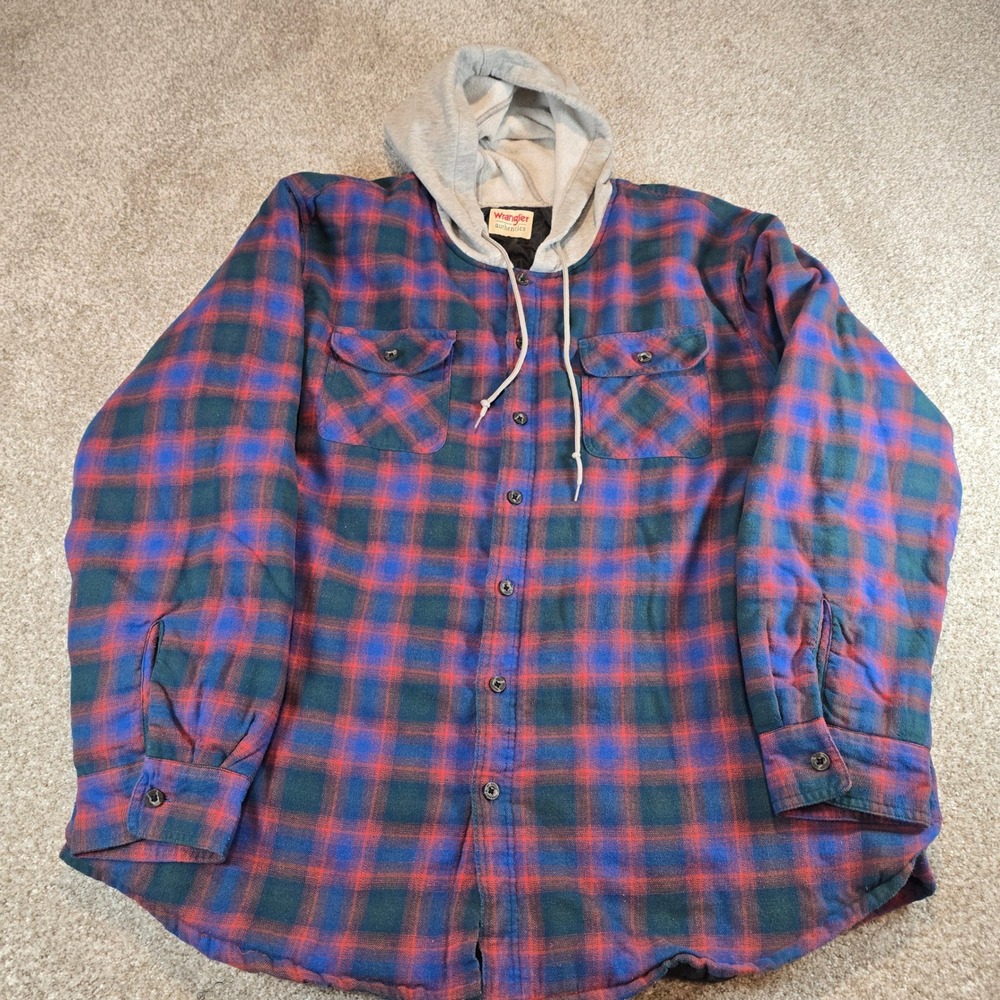 Wrangler Authentics Mens 3XL Plaid Hooded Flannel Shirt Jacket Quilted Lined Red